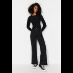 بنطلون تركي خصر مرتفع وساق واسعة للنساء لون أسود