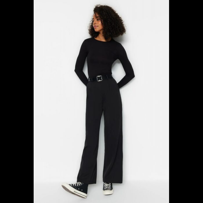 ⁦بنطلون تركي خصر مرتفع وساق واسعة للنساء لون أسود⁩ - الصورة ⁦2⁩