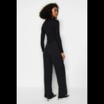 ⁦بنطلون تركي خصر مرتفع وساق واسعة للنساء لون أسود⁩ - الصورة ⁦5⁩