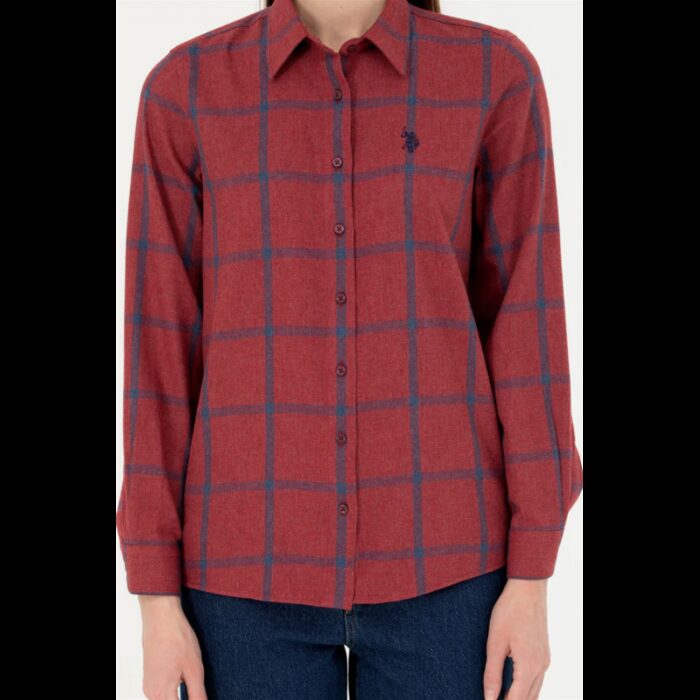 ⁦قميص يو اس اسنت بولو للنساء مخطط خمري وأزرق⁩ - الصورة ⁦6⁩