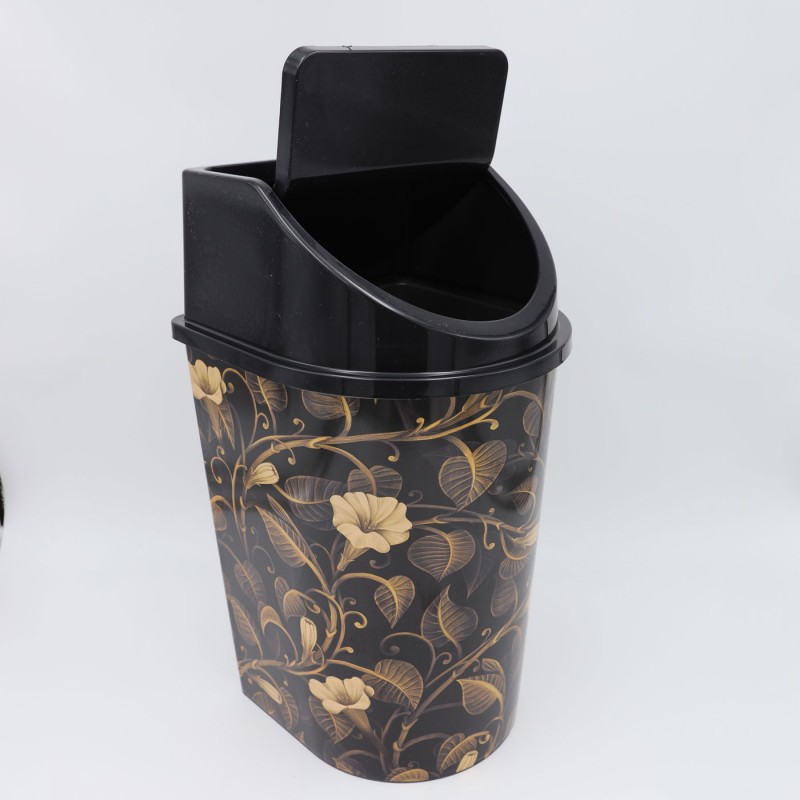 ⁦سلة مهملات بلاستيك بغطاء حجم 10 لتر برسوم ورد ذهبي لون أسود⁩ - الصورة ⁦1⁩