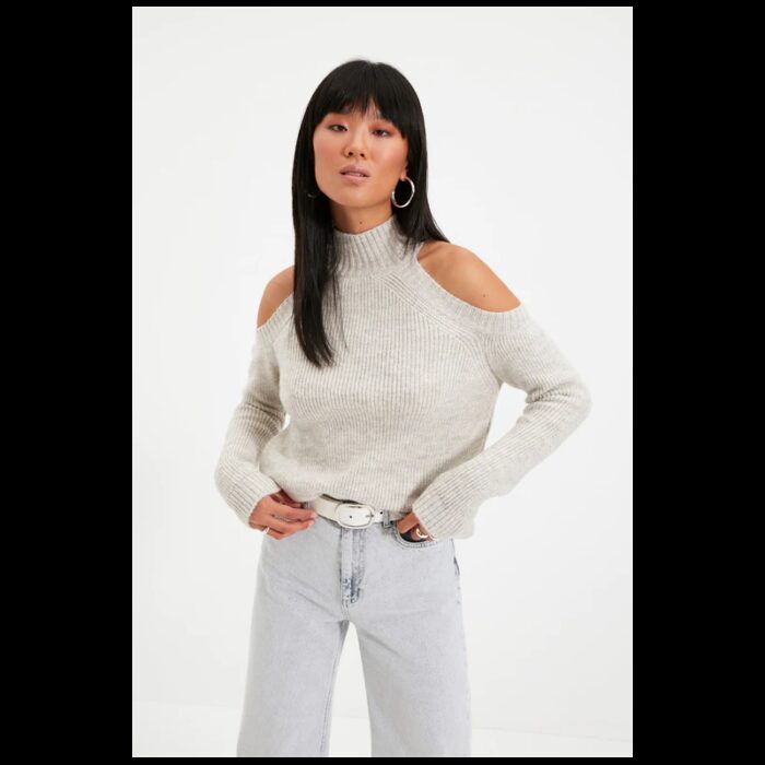 10331310_67db9a98838a8 بلوزة صوف بتصميم مفتوح من عند الأكتاف بأكمام طويلة للنساء لون بيج وذهبي - الصورة 1