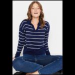 بلوزة تريكو صوف مخطط عرضي للنساء لون كحلي وأبيض