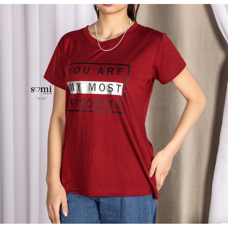 ⁦تيشيرت قطنية بأكمام قصيرة بتصميم مطبوع للنساء لون أحمر من Sami boutique⁩ - الصورة ⁦1⁩