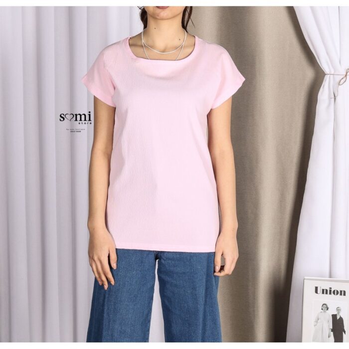 10331464_67db9b5e7701d تيشيرت قطنية بأكمام قصيرة للنساء لون زهري فاتح من Sami boutique - الصورة 1