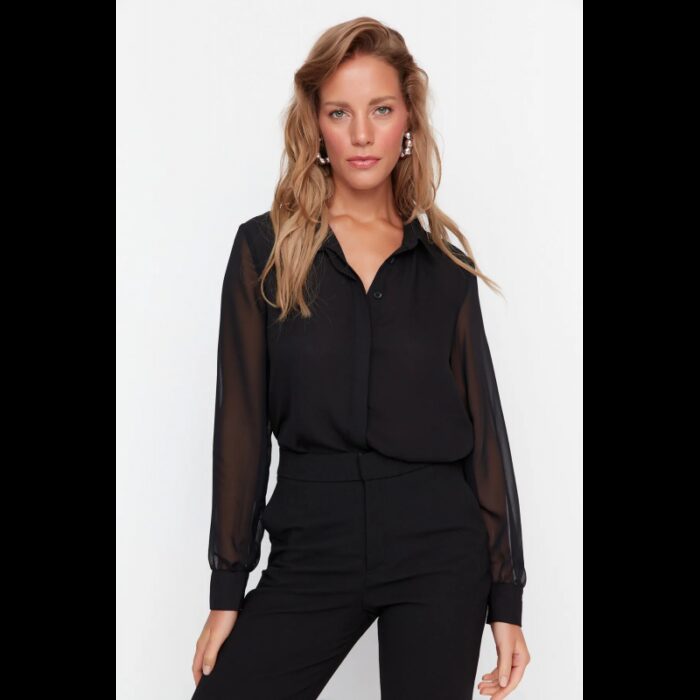 ⁦قميص تريندول منسوج بأكمام طويلة شفافة للنساء لون أسود⁩ - الصورة ⁦8⁩