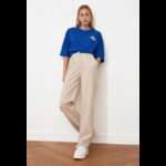 بنطال تريندول منسوج بقص مستقيم وواسع الساق للنساء لون رمادي فاتح