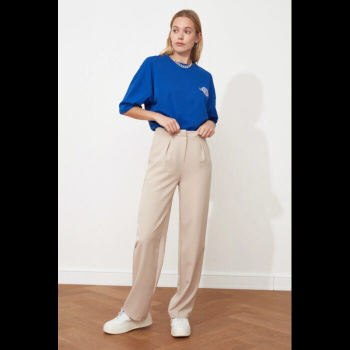 ⁦بنطال تريندول منسوج بقص مستقيم وواسع الساق للنساء لون رمادي فاتح⁩ - الصورة ⁦2⁩