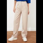 ⁦بنطال تريندول منسوج بقص مستقيم وواسع الساق للنساء لون رمادي فاتح⁩ - الصورة ⁦3⁩