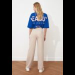 ⁦بنطال تريندول منسوج بقص مستقيم وواسع الساق للنساء لون رمادي فاتح⁩ - الصورة ⁦5⁩