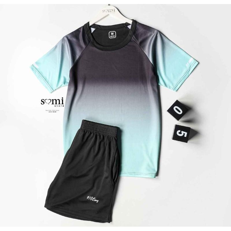 ⁦طقم رياضي (ترينغ) مُكون من قطعتين للرجال لون أسود وتركواز من Sami Boutique⁩ - الصورة ⁦1⁩