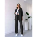 طقم تريندول مُكون من قطعتين (قميص+بنطلون) للنساء لون أسود