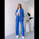 طقم تريندول مُكون من قطعتين (قميص+بنطلون) للنساء لون أزرق