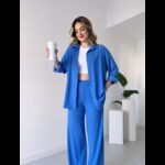 ⁦طقم تريندول مُكون من قطعتين (قميص+بنطلون) للنساء لون أزرق⁩ - الصورة ⁦3⁩