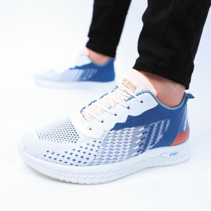 حذاء فاشن كاجوال جلد ونسيج للرجال لون أزرق ونعل أبيض