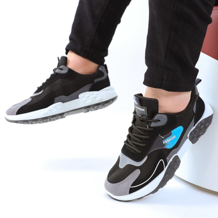 ⁦حذاء فاشن كاجوال جلد ونسيج للرجال لون أسود ونعل أبيض وأسود⁩ - الصورة ⁦4⁩