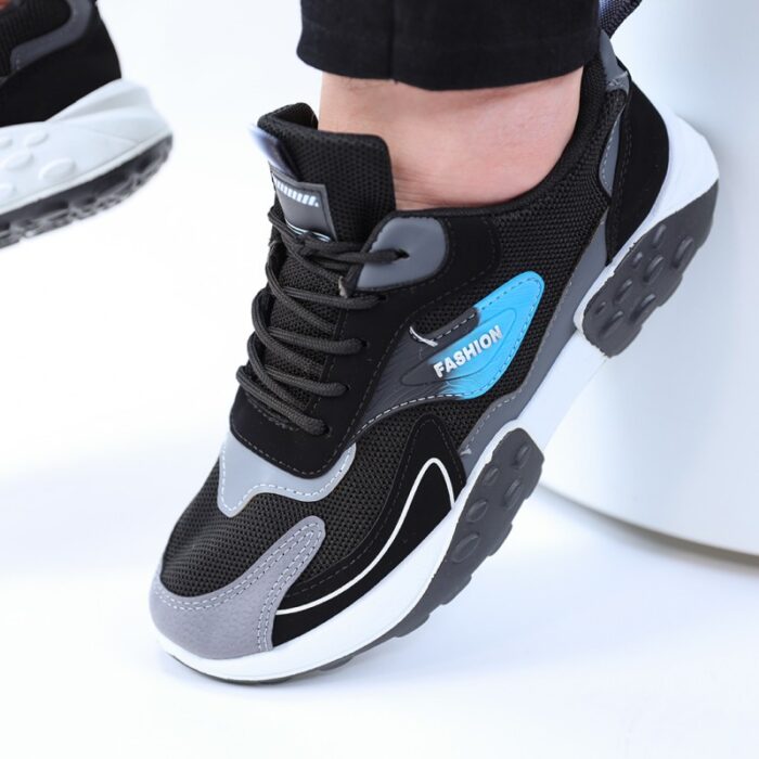 ⁦حذاء فاشن كاجوال جلد ونسيج للرجال لون أسود ونعل أبيض وأسود⁩ - الصورة ⁦5⁩