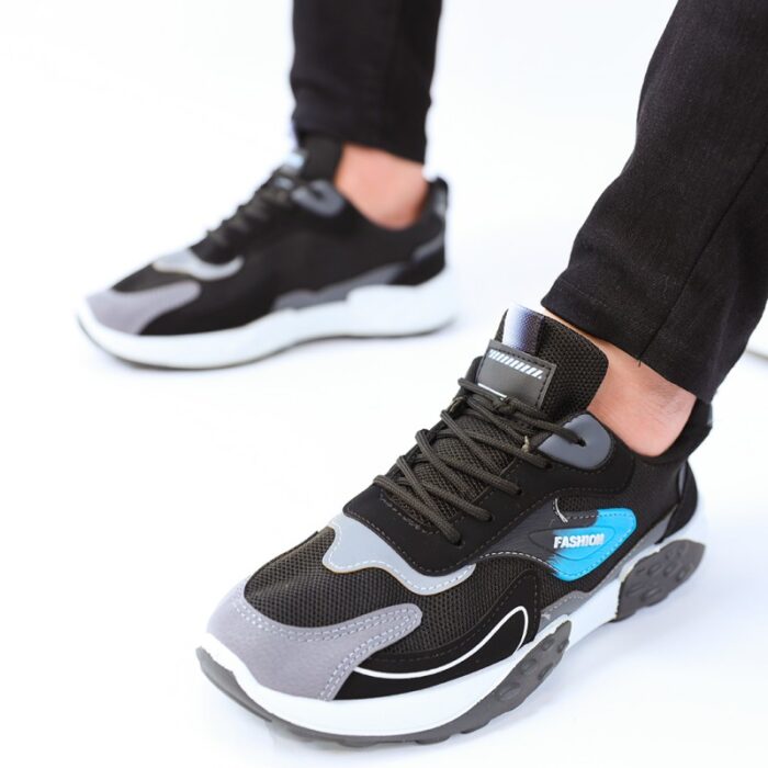 ⁦حذاء فاشن كاجوال جلد ونسيج للرجال لون أسود ونعل أبيض وأسود⁩ - الصورة ⁦6⁩