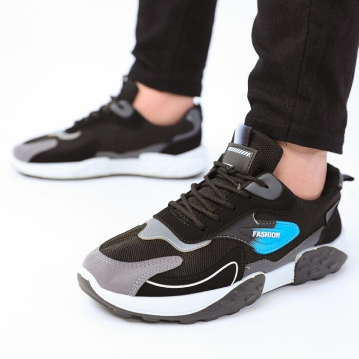 ⁦حذاء فاشن كاجوال جلد ونسيج للرجال لون أسود ونعل أبيض وأسود⁩ - الصورة ⁦12⁩