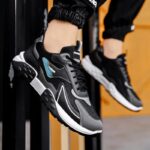 ⁦حذاء فاشن كاجوال جلد ونسيج للرجال لون أسود ونعل أبيض وأسود⁩ - الصورة ⁦17⁩