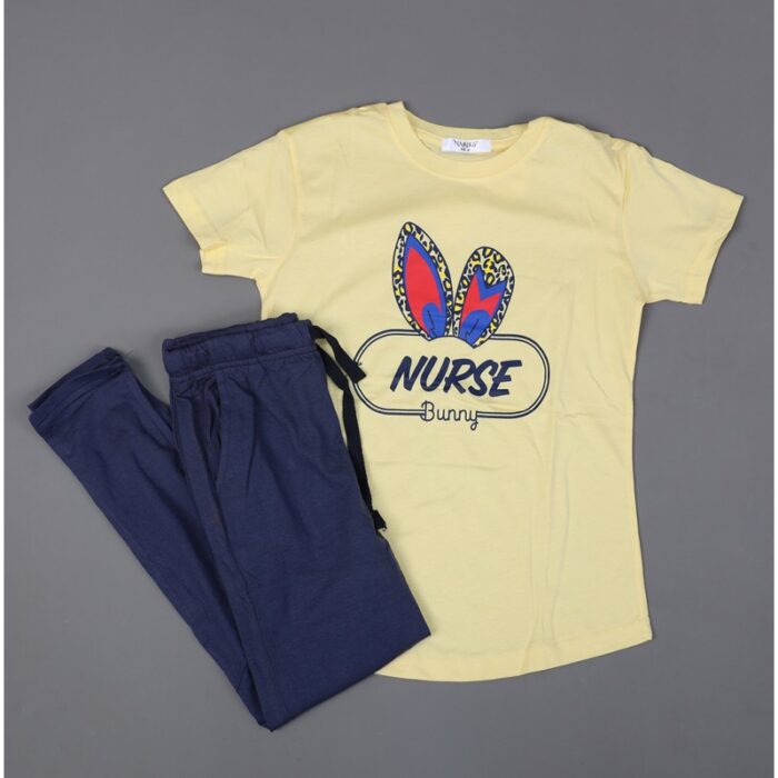 ⁦بجامة صيفية للأطفال لون أصفر فاتح وكحلي بتصميم NEVER STOP⁩ - الصورة ⁦2⁩