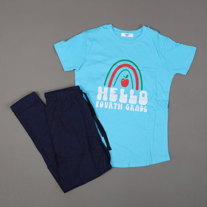 ⁦بجامة صيفية للأطفال لون أزرق فاتح وكحلي بتصميم تفاحة صغيرة⁩ - الصورة ⁦2⁩