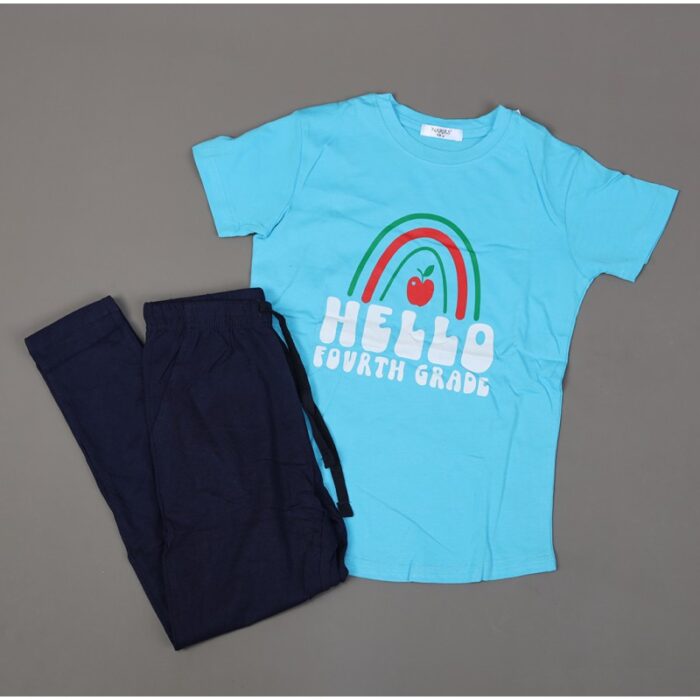 ⁦بجامة صيفية للأطفال لون أزرق فاتح وكحلي بتصميم تفاحة صغيرة⁩ - الصورة ⁦3⁩