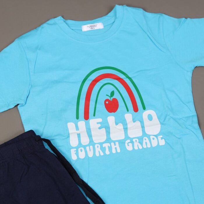 ⁦بجامة صيفية للأطفال لون أزرق فاتح وكحلي بتصميم تفاحة صغيرة⁩ - الصورة ⁦4⁩