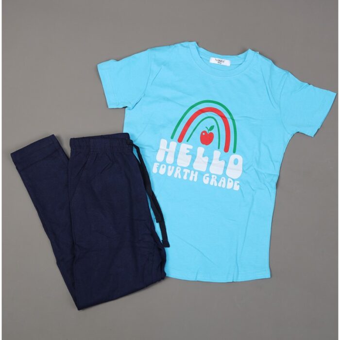 ⁦بجامة صيفية للأطفال لون أزرق فاتح وكحلي بتصميم تفاحة صغيرة⁩ - الصورة ⁦8⁩