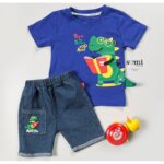 طقم تيشيرت وشورت جينز للأطفال لون أزرق من Sami Boutique