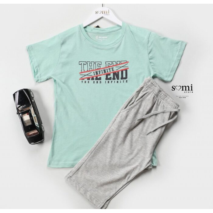 10332876_67dc40b766fe4 بجامة صيفية للأطفال تيشيرت وشورت لون أخضر فيروزي وسكني من Sami Boutique - الصورة 1