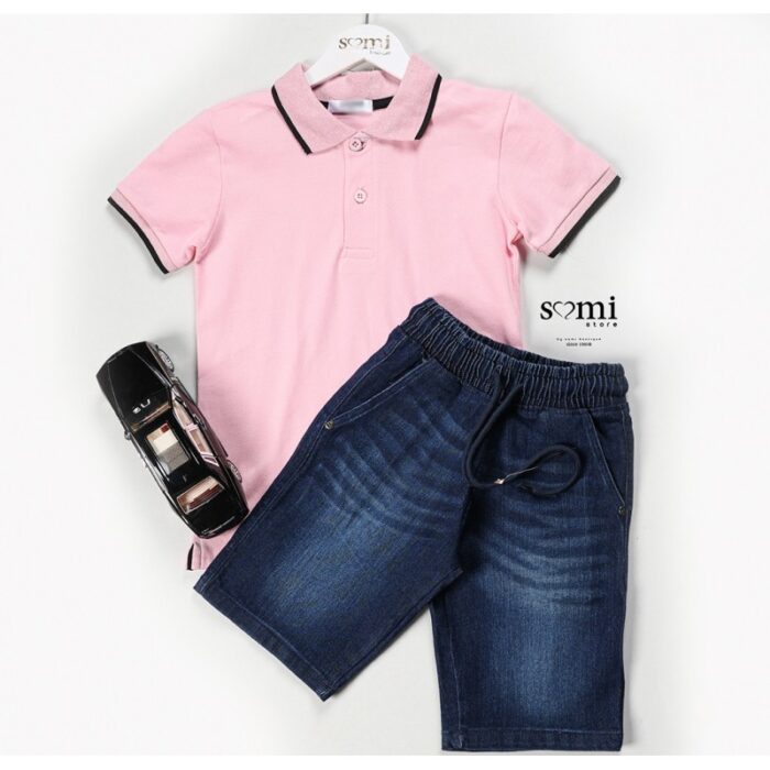 10332892_67dc411c625c3 طقم تيشيرت بولو وشورت جينز للأطفال لون زهري وأزرق من Sami Boutique - الصورة 1