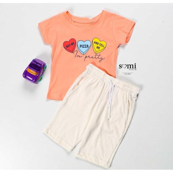 10333129_67dc42259f076 بجامة صيفية قطعتين تيشيرت وشورت للأطفال لون مشمشي وأوف وايت من Sami Boutique - الصورة 1