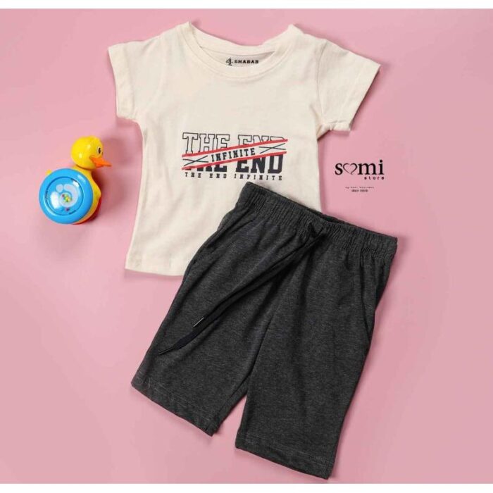 10333131_67dc4228b249a بجامة صيفية قطعتين تيشيرت وشورت للأطفال لون بيج فاتح وأسود من Sami Boutique - الصورة 1