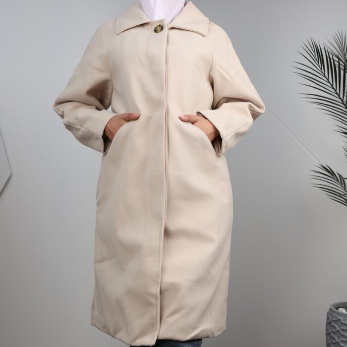 ⁦جاكيت شتوي جوخ طويل للنساء لون بيج فاتح⁩ - الصورة ⁦7⁩