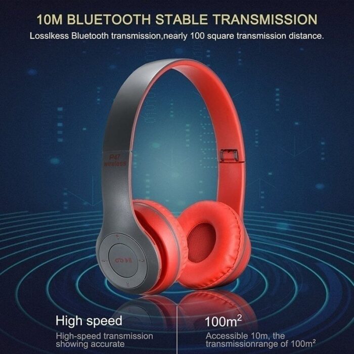 ⁦P47 wireless headphones - سماعة للرأس لاسلكية لون أسود و أحمر⁩ - الصورة ⁦3⁩
