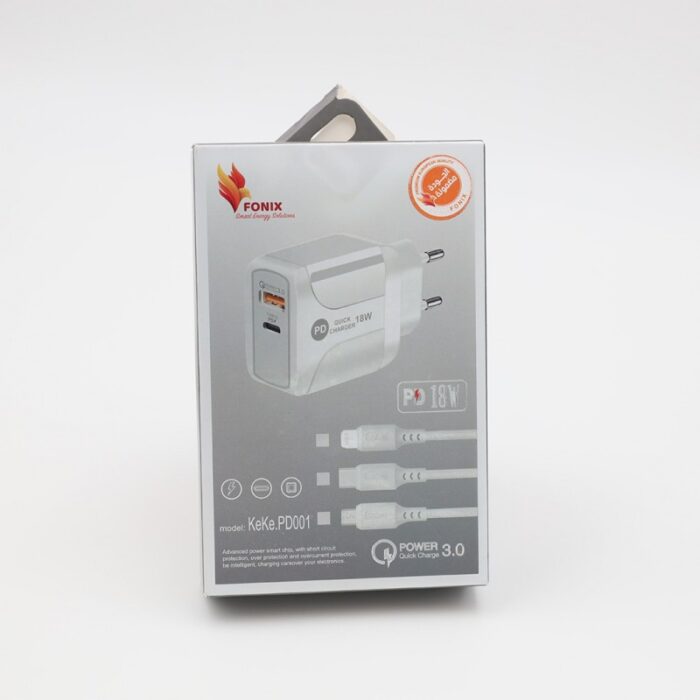 ⁦شاحن فونيكس 18 واط بمنفذين مع كابل وصلة مايكرو لون أبيض - Fonix KwKw PD001 18 W Power Adapter⁩ - الصورة ⁦3⁩