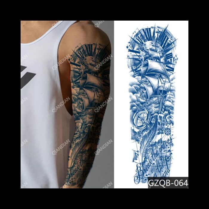 ⁦تاتو مؤقت للظهر والذراع 15.5*46 سم لون أزرق بتصميم سفينة مع ريشة⁩ - الصورة ⁦4⁩