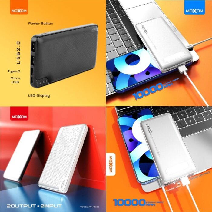 ⁦باور بانك موكسوم MX-Pb33 10000mAh  عالية الجودة مع ضوء فلاش⁩ - الصورة ⁦3⁩