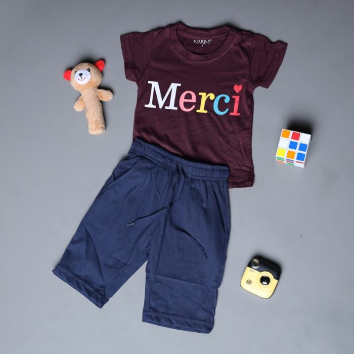 ⁦طقم قطعتين تيشيرت وشورت للأطفال لون خمري وكحلي⁩ - الصورة ⁦2⁩