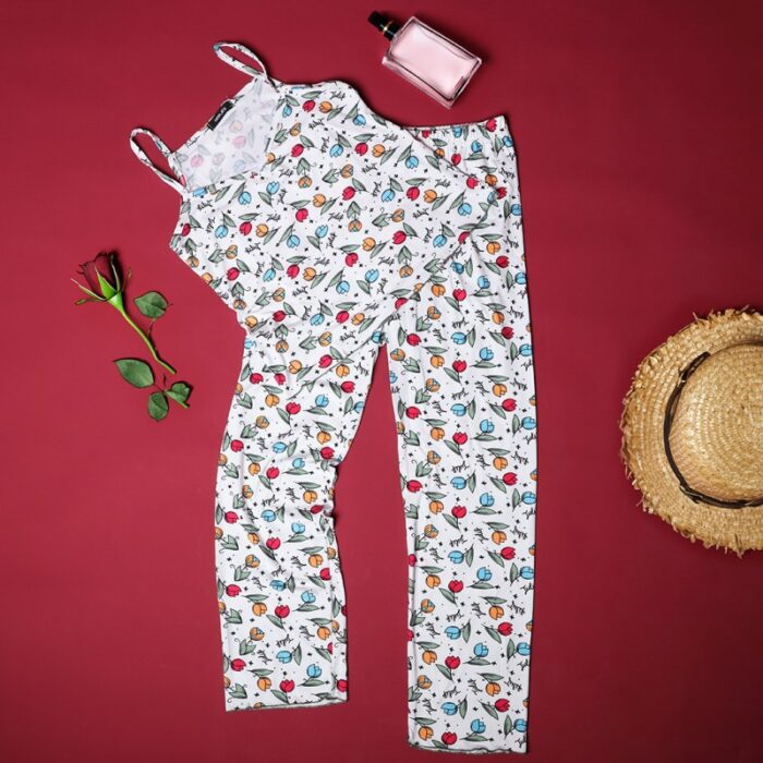 ⁦بجامة صيفية للنساء لون أبيض مورد⁩ - الصورة ⁦2⁩