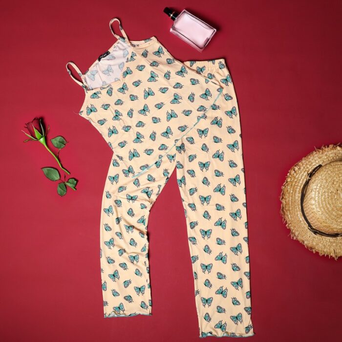 ⁦بجامة صيفية للنساء لون أصفر بتصميم فراشات⁩ - الصورة ⁦2⁩