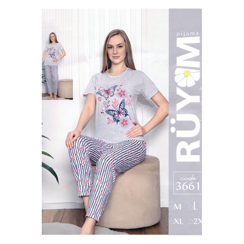 ⁦بيجامة نص كم للنساء لون رمادي وأزرق بتصميم فراشة⁩ - الصورة ⁦1⁩