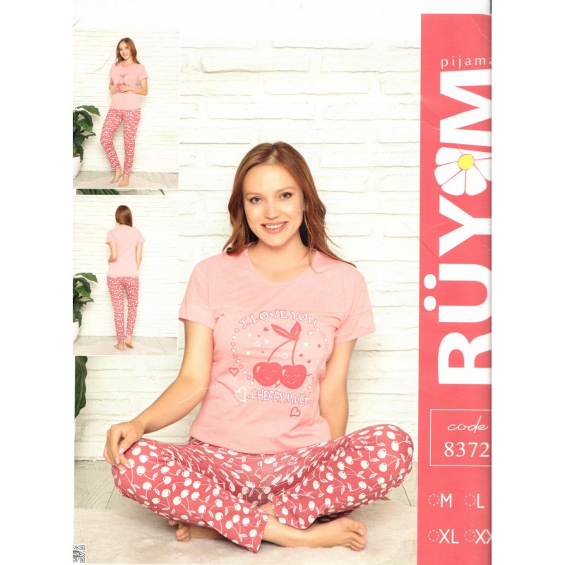 ⁦بجامة نص كم للنساء لون بطيخي  بتصميم كرز⁩ - الصورة ⁦1⁩