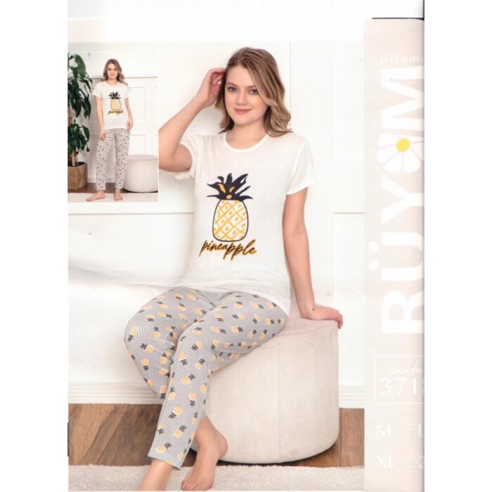 10335185_67dc4f7815a64 بجامة نص كم للنساء لون أبيض بتصميم أناناس - الصورة 1