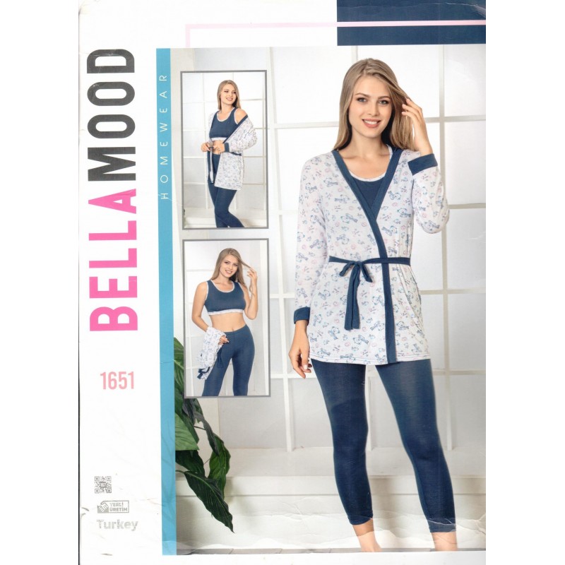 ⁦بجامة صيفية 3 قطع للنساء لون كحلي وأبيض⁩ - الصورة ⁦1⁩