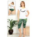 بجامة نص كم وبنطال قصير للنساء لون أبيض وفسفوري