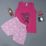 بيجامة حفر عريض مع شورت للنساء لون فوشي غامق