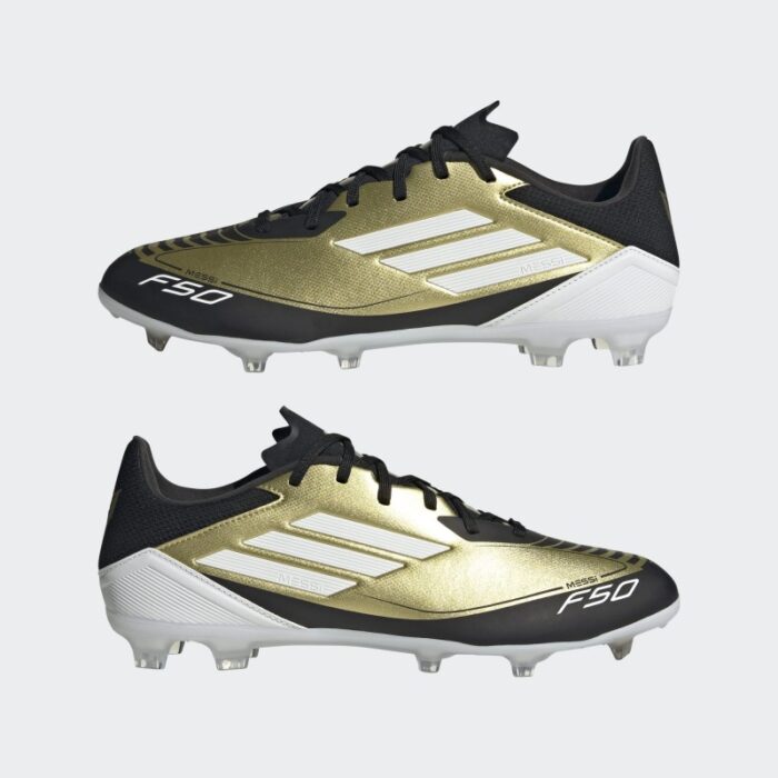 ⁦adidas Unisex' F50 League Messi Firm/Multi-Ground Soccer Cleats Boots - Gold - حذاء اديداس اف 50 ليجا ميسي فيرم ملتي جراوند للجنسين لون ذهبي وابيض⁩ - الصورة ⁦9⁩