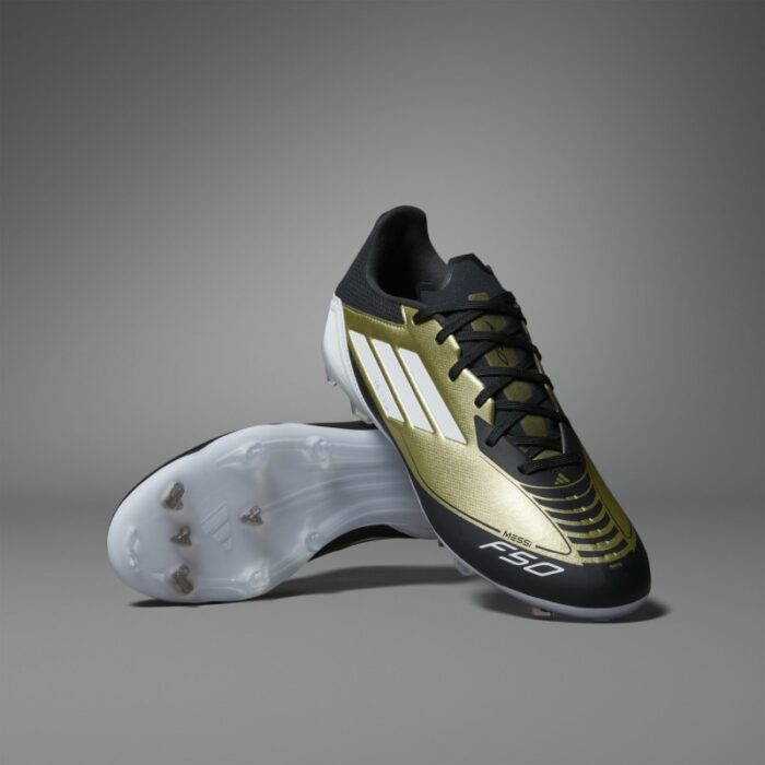 ⁦adidas Unisex' F50 League Messi Firm/Multi-Ground Soccer Cleats Boots - Gold - حذاء اديداس اف 50 ليجا ميسي فيرم ملتي جراوند للجنسين لون ذهبي وابيض⁩ - الصورة ⁦22⁩